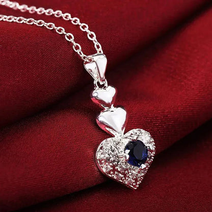 925 Sterling Silver Heart Blue Zircon Crystal Pendant Necklace Earrings for Women Party Wedding Jewelry Set