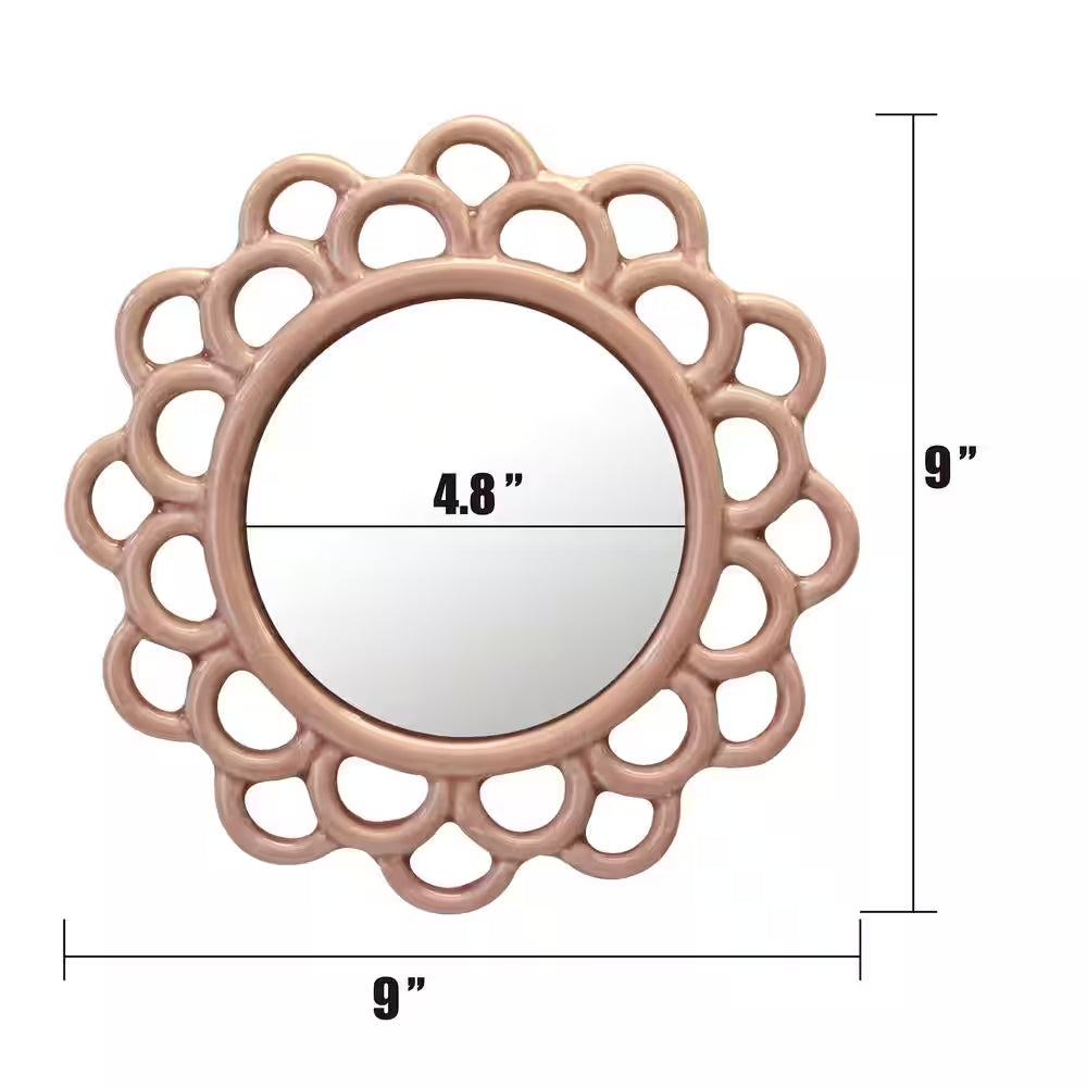 9 In. X 9 In. Decorative round Pink Dusty Rose Cutout Ceramic Wall Hanging Mirror