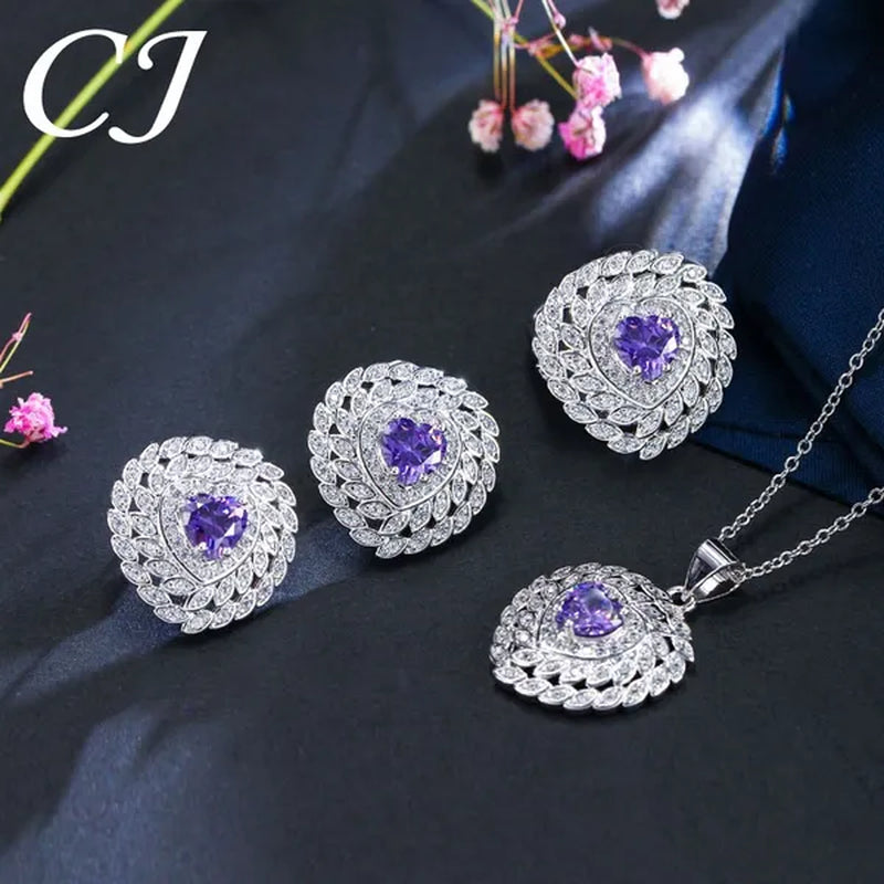 CANDICE 3pcs Love Jewelry Set Micro White CZ Pave Heart Red Crystal Romantic Party Necklace Earrings Ring Sterling Silver Plated Sets for Women Girl Gifts