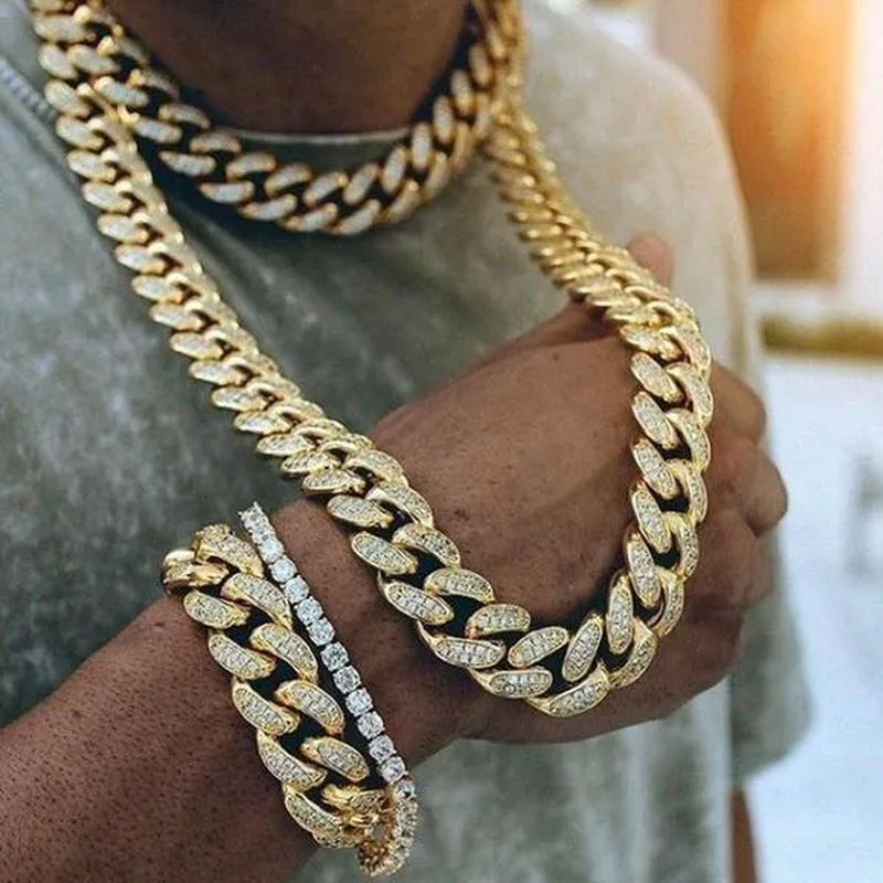 13MM  24K Gold/925 Silver Iced Out BlingBling Diamond Cuban Link Chain Miami Choker Necklace Bracelet Jewelry Set for Fashion Men and Women Hip Hop Jewelry