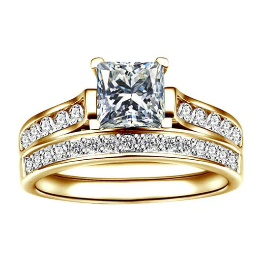 2Pcs / Set Classic Womens Fashion Gold / Silver / Black Diamond Ring Jewelry Exquisite Gold Ring Sets for Women Natural White Sapphire Rings Set Birthstone Princess Proposal Engagement Gold Ring Set Anniversary Party Romantic Bride Wedding Rings for Women
