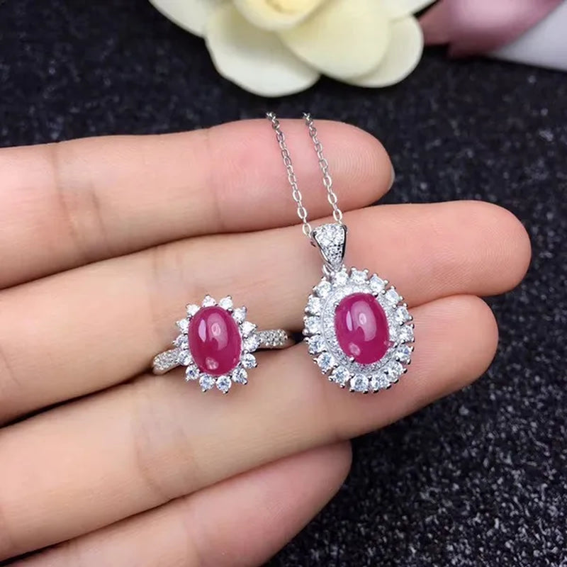 Classic ruby ring pendant jewelry set for party 6 mm *8 mm Cabochon cut ruby jewelry set solid 925 silver ruby jewelry girl gift