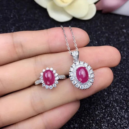 Classic ruby ring pendant jewelry set for party 6 mm *8 mm Cabochon cut ruby jewelry set solid 925 silver ruby jewelry girl gift