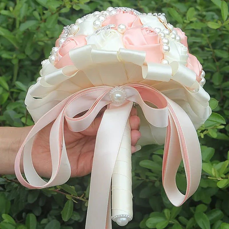 Customizable Charming Wedding Bouquets Diamond Brooch Bride Holding Flowers Cream Rose Ribbon Wedding Decoration Bridesmiad Bouquet