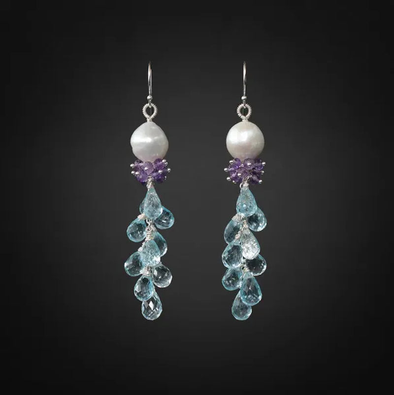 Blue Topaz Earrings Amethyst Earrings Pearl Earrings Silver Earrings Blue Earrings Long Earrings Gemstone Earrings Cluster Earrings Dainty