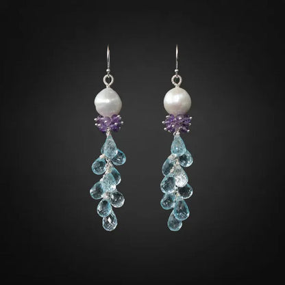 Blue Topaz Earrings Amethyst Earrings Pearl Earrings Silver Earrings Blue Earrings Long Earrings Gemstone Earrings Cluster Earrings Dainty
