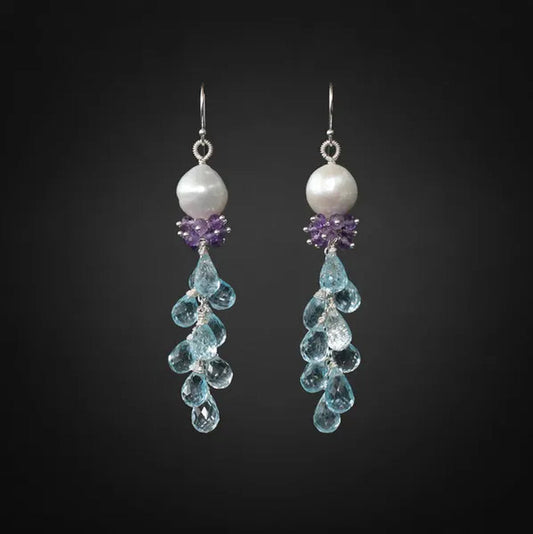 Blue Topaz Earrings Amethyst Earrings Pearl Earrings Silver Earrings Blue Earrings Long Earrings Gemstone Earrings Cluster Earrings Dainty