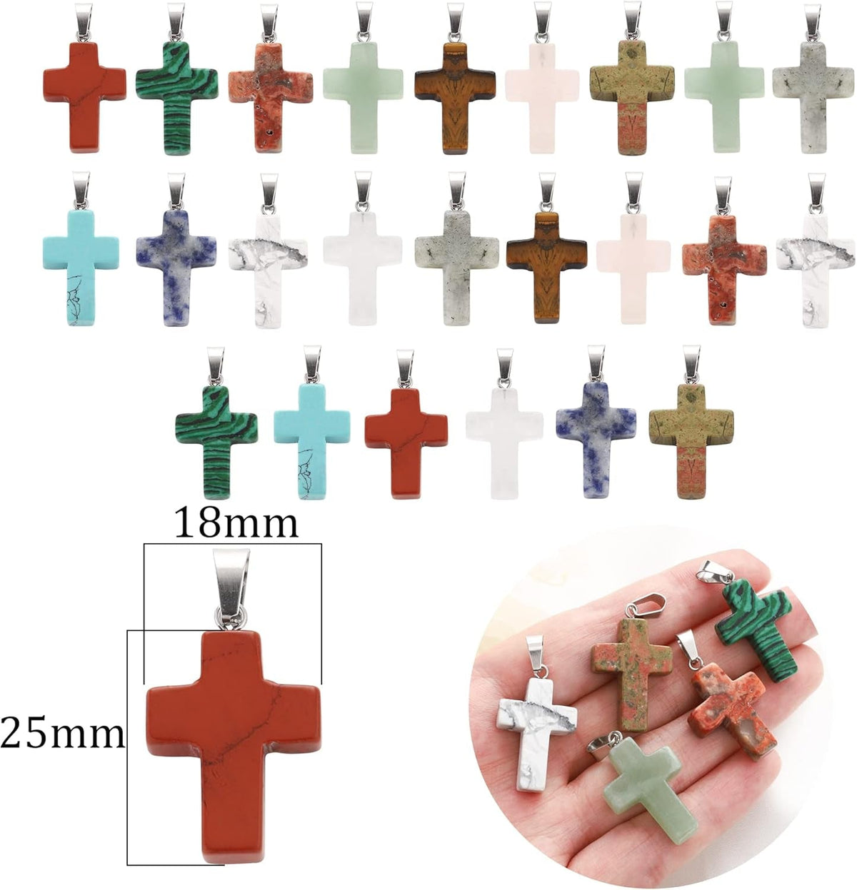 24 Pieces Healing Crystal Heart Moon Cross Shaped Pendants Necklace Charms for DIY Jewelry Making Natural Quartz Stones Chakra Love Beads Bulk