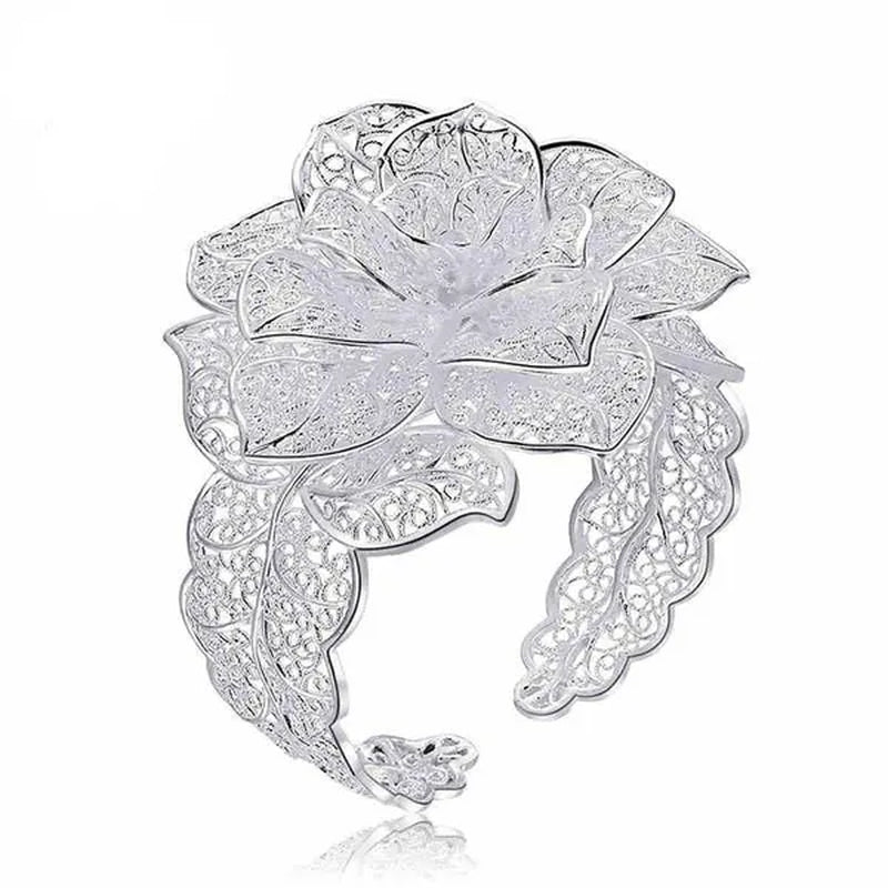 Exquisite 925 Sterling Silver Hollow Filigree Blooming Rose Flower Open Bangle Bracelet Charm Jewelry Gift