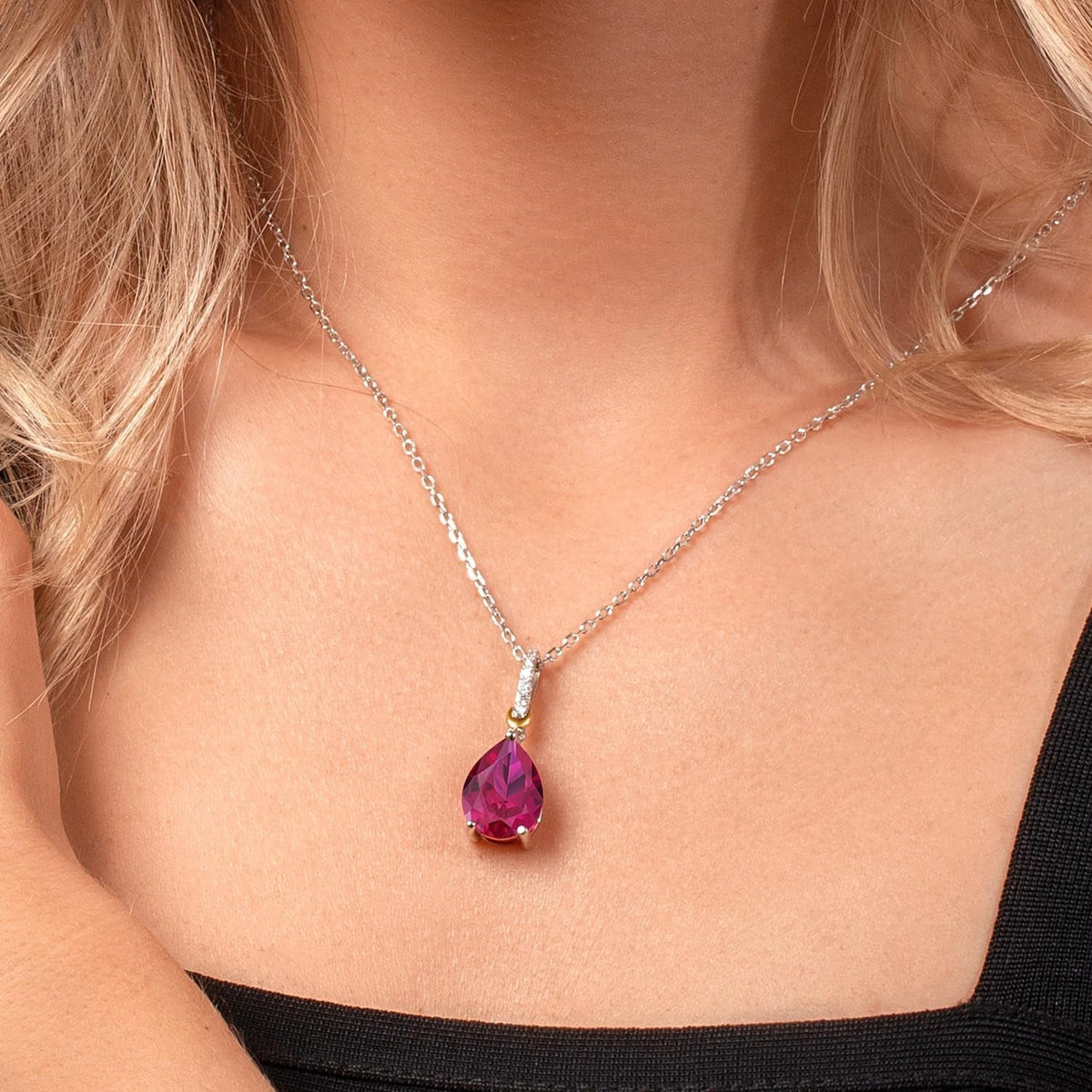925 Sterling Silver and 10K Yellow Gold Pear Shape Red Created Ruby and White Moissanite Pendant Necklace for Women (9.68 Cttw, with 18 Inch Chain)