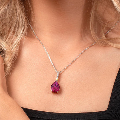 925 Sterling Silver and 10K Yellow Gold Pear Shape Red Created Ruby and White Moissanite Pendant Necklace for Women (9.68 Cttw, with 18 Inch Chain)