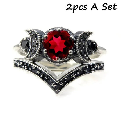 Hecate Triple Moon Ring Set Silver and Black Diamond Engagement Rings  Amethyst or Red Crystal Wedding Ring Unique Moon Goddess Rings for Women Fashion Jewelry Boho & Hippie & Gothic Anniversary Gift
