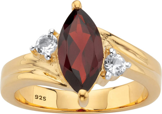 Palmbeach Yellow Gold-Plated Sterling Silver Marquise Cut Genuine Red Garnet and round Genuine Topaz Ring Sizes 6-10