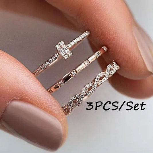 3PCS/Set Charm Cubic Zirconia Thin Stackable Twisted Ring Set Women Zircon Engagement Wedding Rings Band Rose Gold Plated Rings Jewelry Size US 5 -10