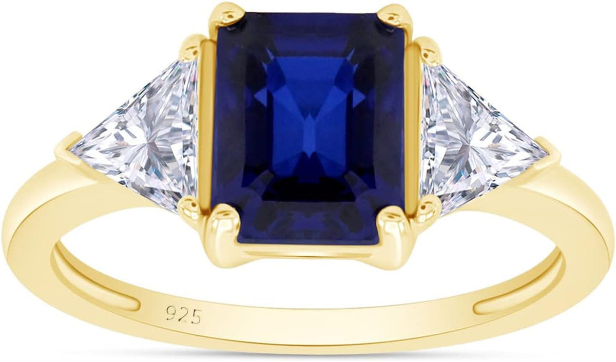 14K Gold Plated 925 Sterling Silver Emerald Cut Blue Sapphire with Trillion White Topaz Ring for Women Statement Jewelry, Gift for Her