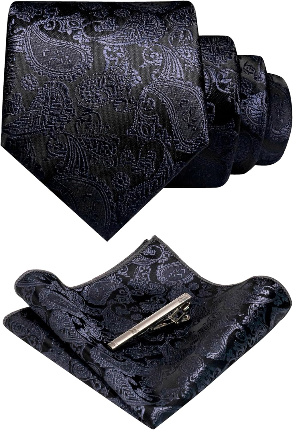 Mens Solid Color Paisley Necktie and Pocket Square with Tie Clip Sets