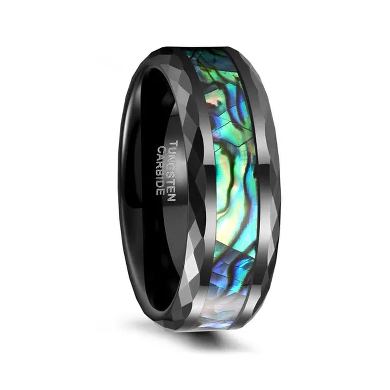 8MM Tungsten Carbide Rings Inlay Multi-color Rainbow Abalone Shell Faceted Edge Cut Wedding Band for Men's Engagement Promises Jewelry Anniversary Gift