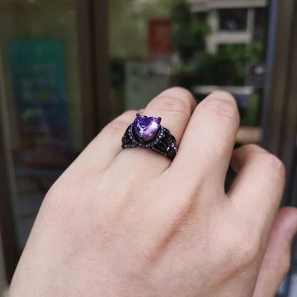 Skull Punk Heart Ring For Women Purple Crystal CZ Rings Black Color Wedding Jewelry