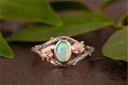Antique Silver Women's Vintage Two Tone Silver & Rose Gold Twig And Rose Gold Flowers Opal Ring Anniversary Gift Engagement Bridal Wedding Jewelry Rings Size 5-10