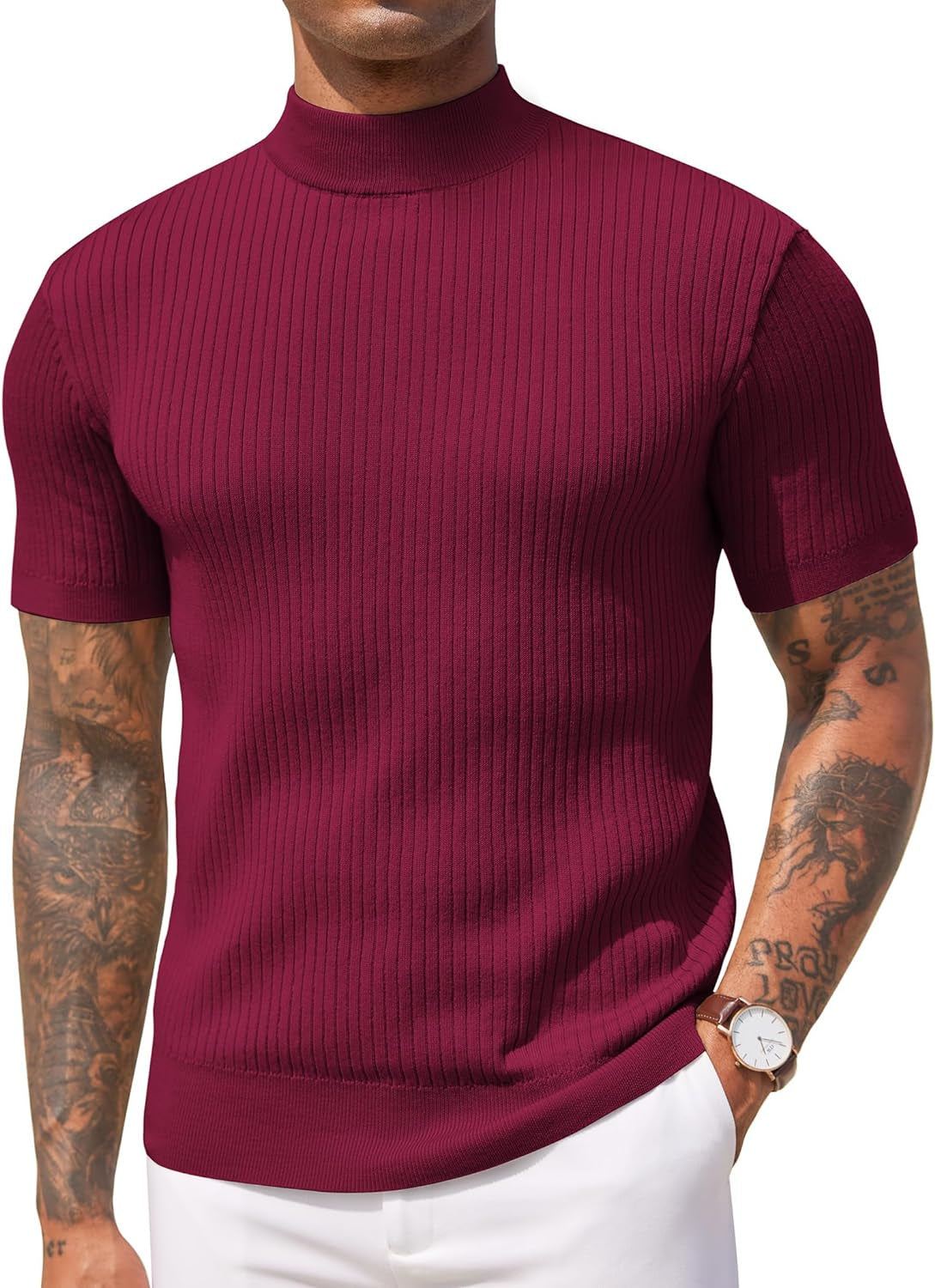 Men's Mock Turtleneck Sweater Short Sleeve Casual Basic Pullover Sweater Ribbed Knit Pullover Solid Tee