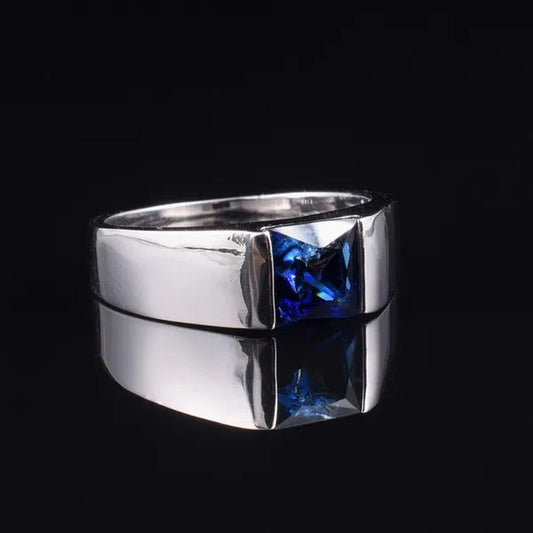 Men's Eternity 925 Sterling Silver Square natural Blue Sapphire Stone Solitaire Ring Size 8-13