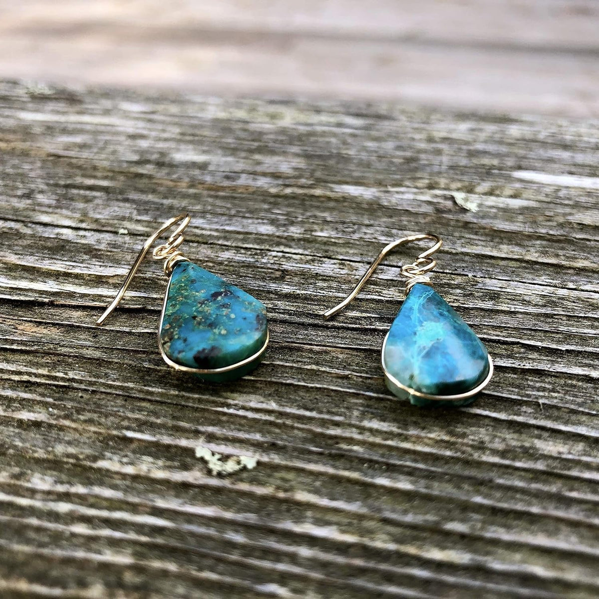 Chrysocolla Earrings Gold Filled Wire Wrap Dangle Blue Green Teardrop Stones - Handmade Healing Crystal Gemstone Jewelry Gift for Women by