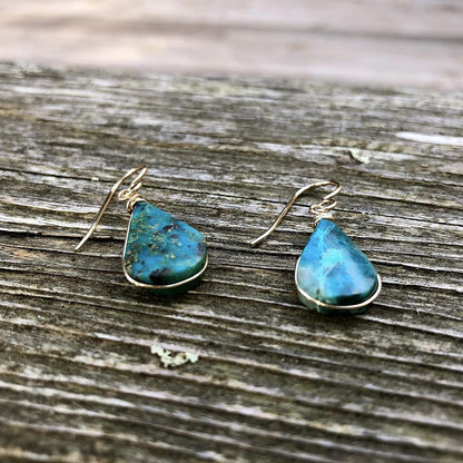Chrysocolla Earrings Gold Filled Wire Wrap Dangle Blue Green Teardrop Stones - Handmade Healing Crystal Gemstone Jewelry Gift for Women by