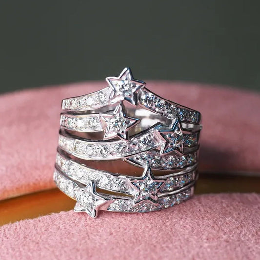 Sparkling 925 Sterling Silver Natural Gemstone White Sapphire Diamond Star Ring Bride Wedding Engagement Fine Jewelry