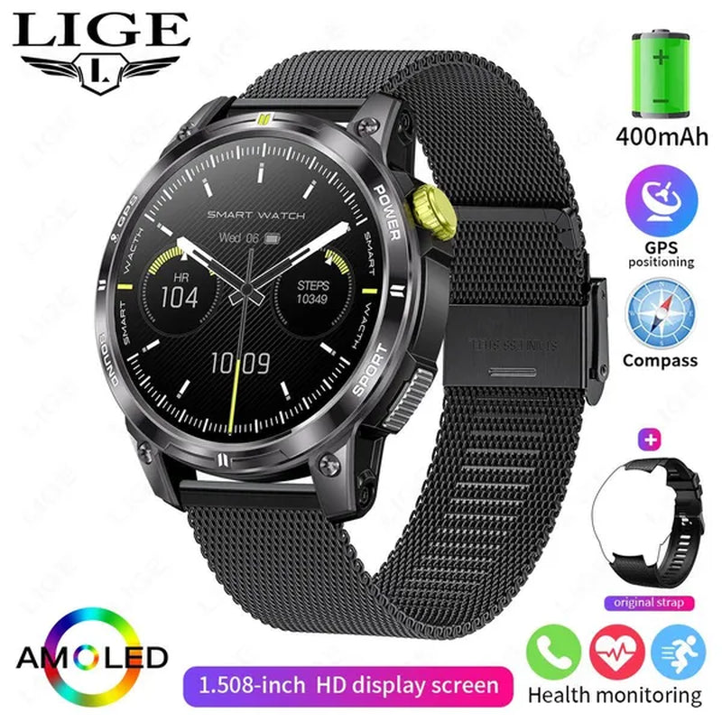 LIGE GPS 100+ Sport Modes Smart Watch Men Compass Military With LED Flashlight Bluetooth Call Sport Tracker IP68 Waterproof Smartwatch For Women Android IOS