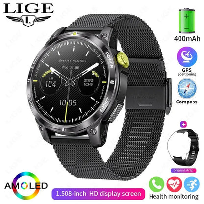 LIGE GPS 100+ Sport Modes Smart Watch Men Compass Military With LED Flashlight Bluetooth Call Sport Tracker IP68 Waterproof Smartwatch For Women Android IOS