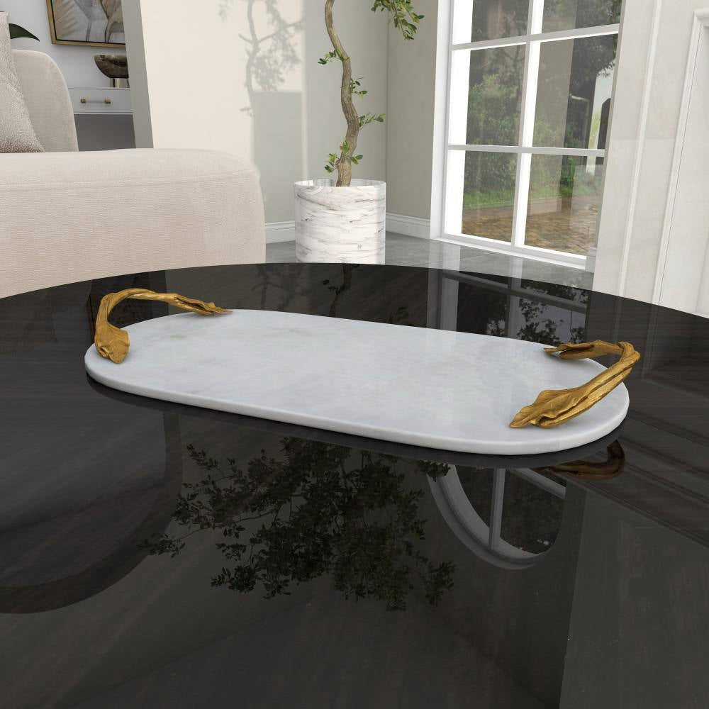 White Marble Decorative Tray with Gold Twisted Leaf Handles