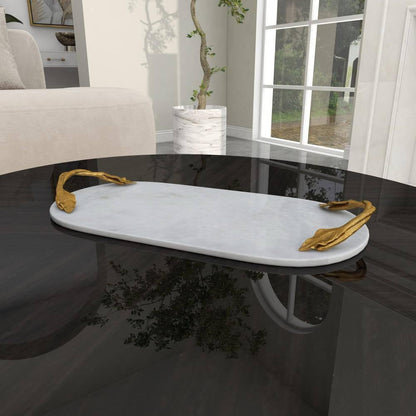 White Marble Decorative Tray with Gold Twisted Leaf Handles