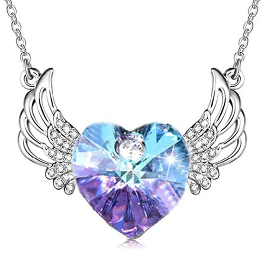 Luxury Fashion Women's Diamond Wings Heart Crystal Necklace Angel Wings Diamond Pendant Wedding Necklace Women's Princess Jewelry Birthday  Anniversary Gift