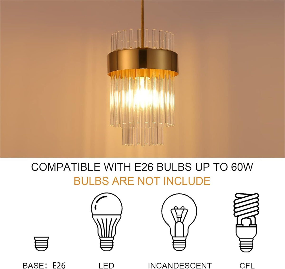 Gold Pendant Lights Kitchen Island,1-Light Crystal Pendant Light Fixtures over Island,Modern Brass Mini Chandelier for Dining Room, Adjustable Cord Hanging Lights for Bedroom,Bar,Sink,Entryway