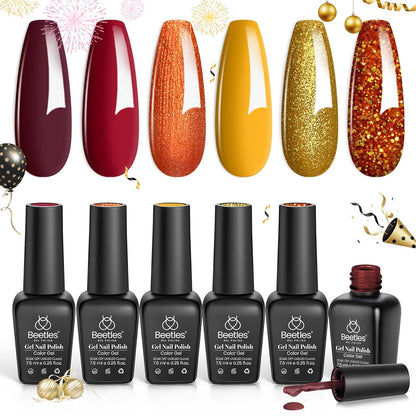 Beetles Gel Nail Polish Set, 6 Retro Colors Old School Collection Soak Off UV Gel Polish Red Yellow Blue Orange Green Gel Polish Nail Art Design Spring Manicure Kit Salon DIY Gifts for Women Girls