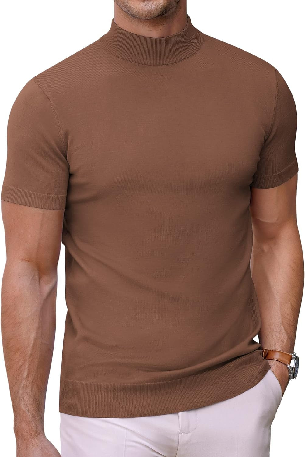 Mens Mock Turtleneck Sweater Short Sleeve Solid Color T-Shirts Basic Slim Fit Knitted Pullover Tees