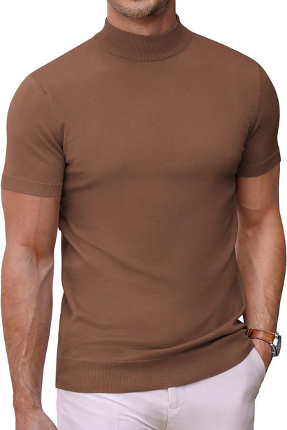 Mens Mock Turtleneck Sweater Short Sleeve Solid Color T-Shirts Basic Slim Fit Knitted Pullover Tees