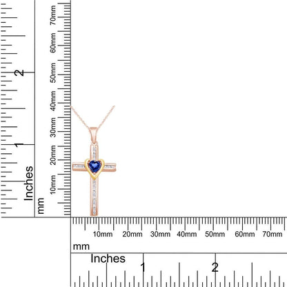 Simulated Blue Sapphire & Natural Diamond Cross Pendant Necklace Intwo-Tone Gold over Sterling Silver