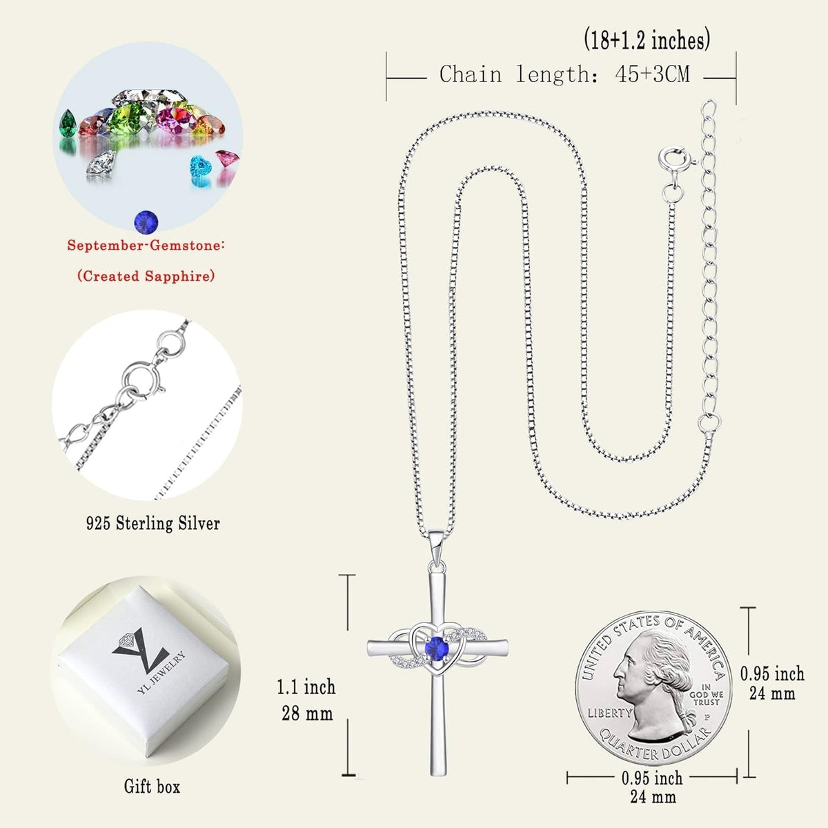 Women'S Cross Necklace Sterling Silver Infinity Heart Crucifix Pendant Birthstone Criss Jewelry