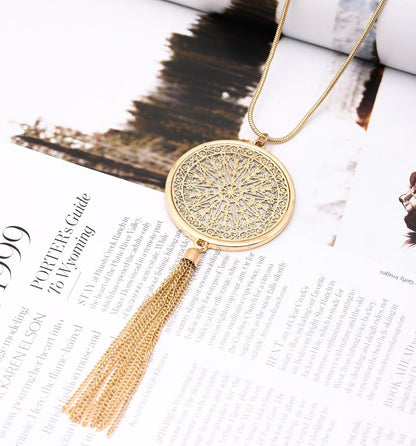 Long Necklaces for Woman Disk Circle Pendant Necklaces Tassel Fringe Necklace Set Statement Pendant