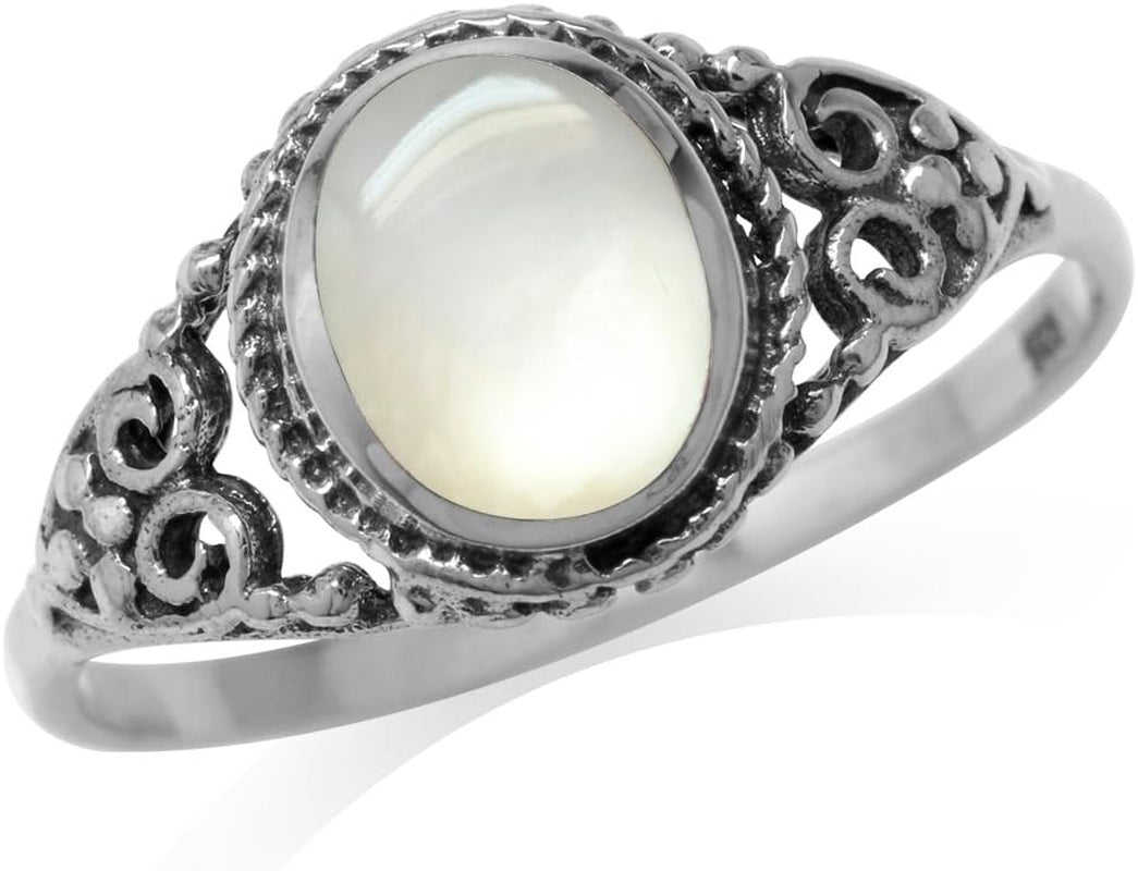 White Mother of Pearl Inlay 925 Sterling Silver Filigree Victorian Style Ring Size 7