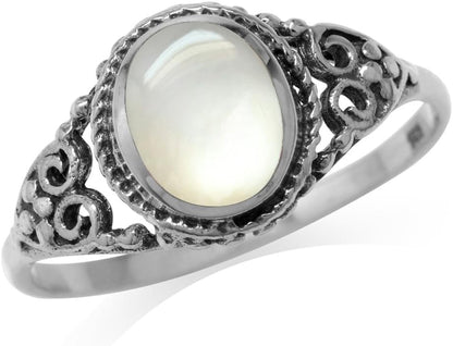White Mother of Pearl Inlay 925 Sterling Silver Filigree Victorian Style Ring Size 7