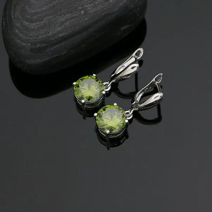 925 Sterling Silver Jewelry Set Olive Green Cubic Zirconia Retro Earrings Ring Pendant Necklace Bracelet 4Pcs for Bride