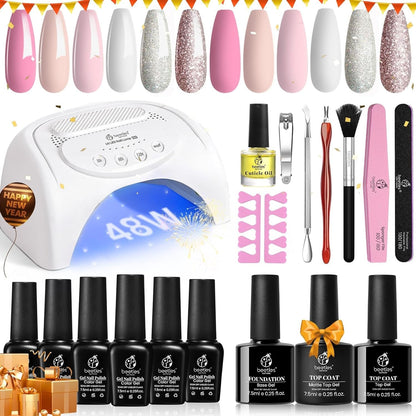 Beetles Gel Nail Polish Kit with 48W light 18 Pcs Gel Starter Kit,6 colors Nude Pink French White Glitter Gel Polish Soak Off Base Top Coat Gel Art Manicure Kit