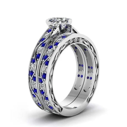 TWO RINGS Sz6-12 Couple Rings His Hers Blue Tungsten Mens Wedding Band White Gold Filled Heart CZ Sapphire Womens Ring Sets