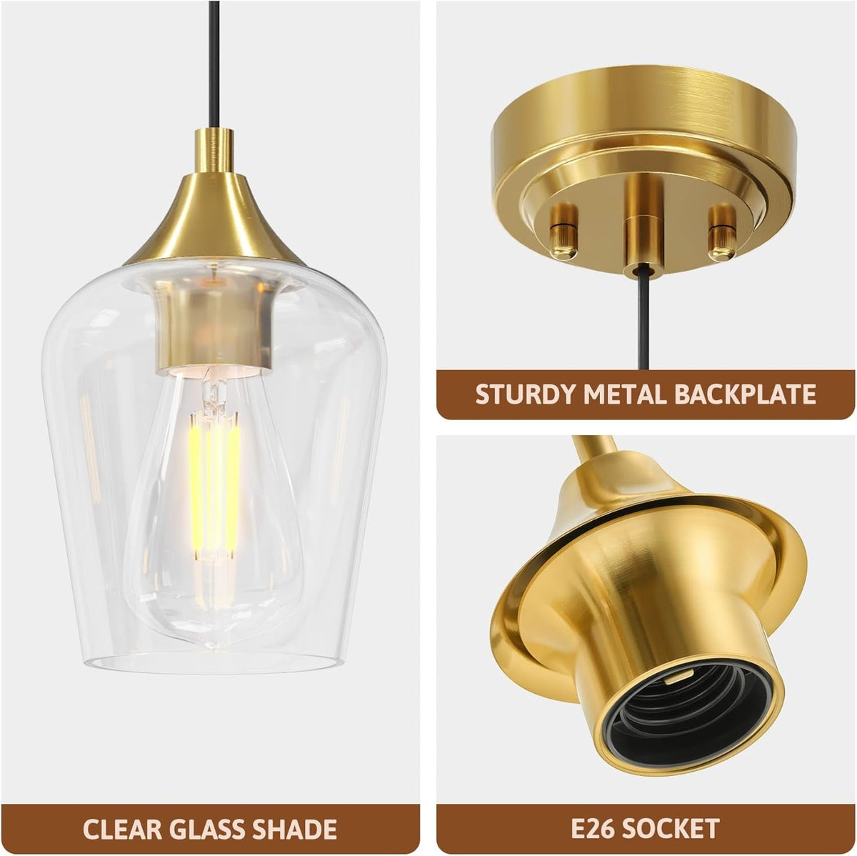 Pendant Light Kitchen Island, Brushed Gold Pendant Light Fixture with E26 Base & Adjustable Cable, Modern Pendant Lighting with Glass Shade for Living Room Bedroom Hallway