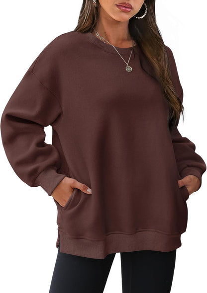 Womens Oversized Sweatshirts Crewneck Long Sleeve Tops Fleece Pullover Fall Fashion Clothes with Pocket