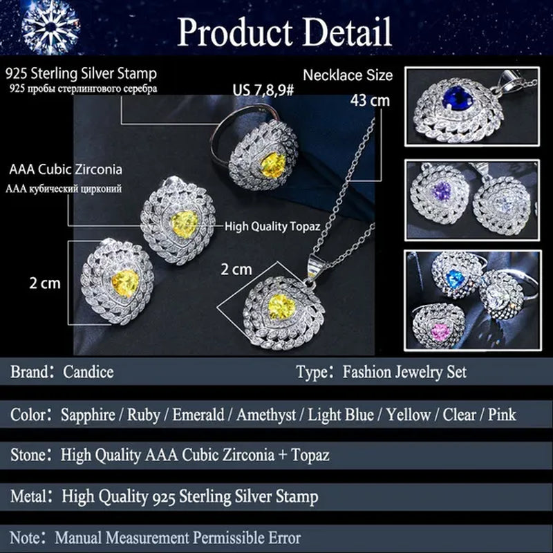 CANDICE 3pcs Love Jewelry Set Micro White CZ Pave Heart Red Crystal Romantic Party Necklace Earrings Ring Sterling Silver Plated Sets for Women Girl Gifts