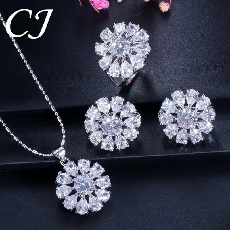 CANDICE Elegant Flower Jewelry Set Paved Green Stones Fashion Sterling Silver Plated Pendant Necklace Earrings Ring Sets