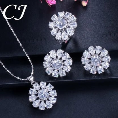CANDICE Elegant Flower Jewelry Set Paved Green Stones Fashion Sterling Silver Plated Pendant Necklace Earrings Ring Sets